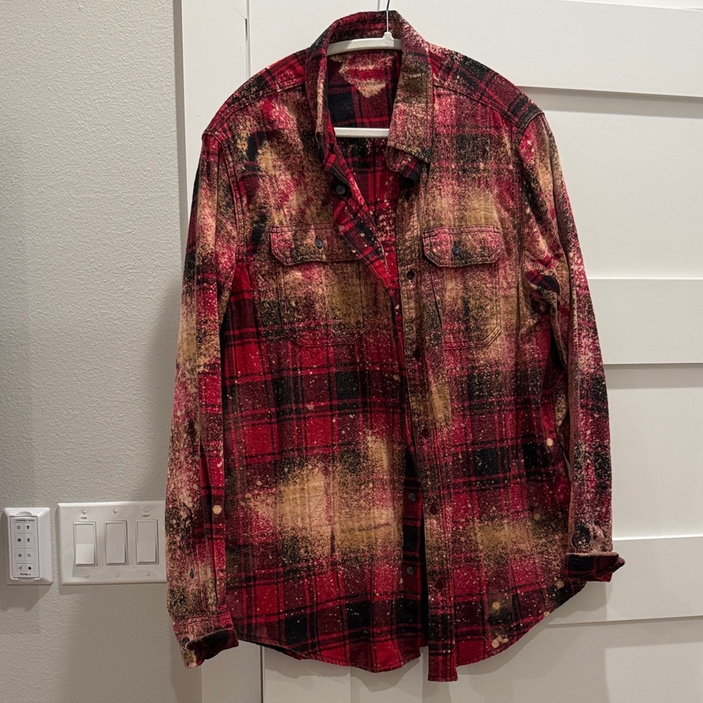 Red and Tan Flannel Plaid Button-Up Shirt